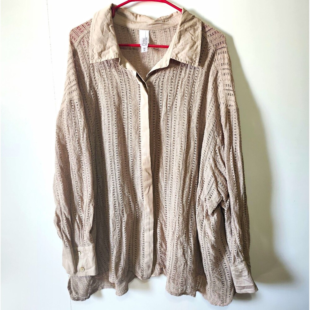 Wynne Collection Open Knit Crochet Button Down Shirt Sand Beige Size 3X Cotton